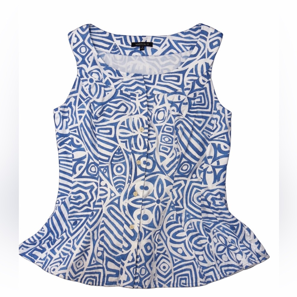 Lafayette 148 New York Blue White Abstract Print Cotton Peplum Blouse Sz‎ 10